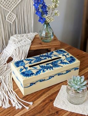 Vintage Hand-Painted Wooden Tissue Box Cover - Blue Bird & Floral Chinoiserie
